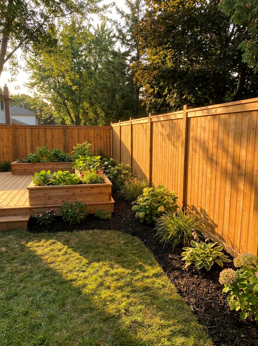 Custom cedar deck with built-in raised garden beds and cedar privacy fence