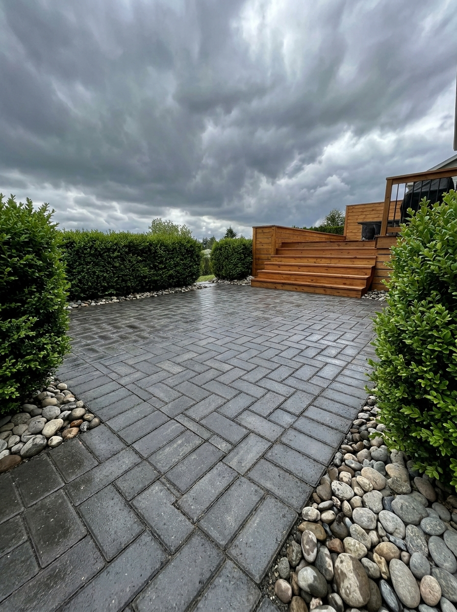 Interlock stone patio with herringbone pattern and river rock border detail